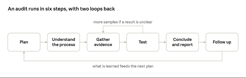 Six boxes in a row: plan, understand the process, gather evidence, test, conclude and report, follow up. A loop from test back to gather evidence for more samples, and a loop from follow up back to plan.